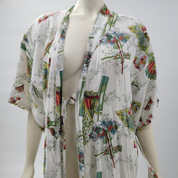 Vintage Kimono Wrap Robe Womens White Green Japanese Yukata‎ Style Traditional - Picture 12 of 16